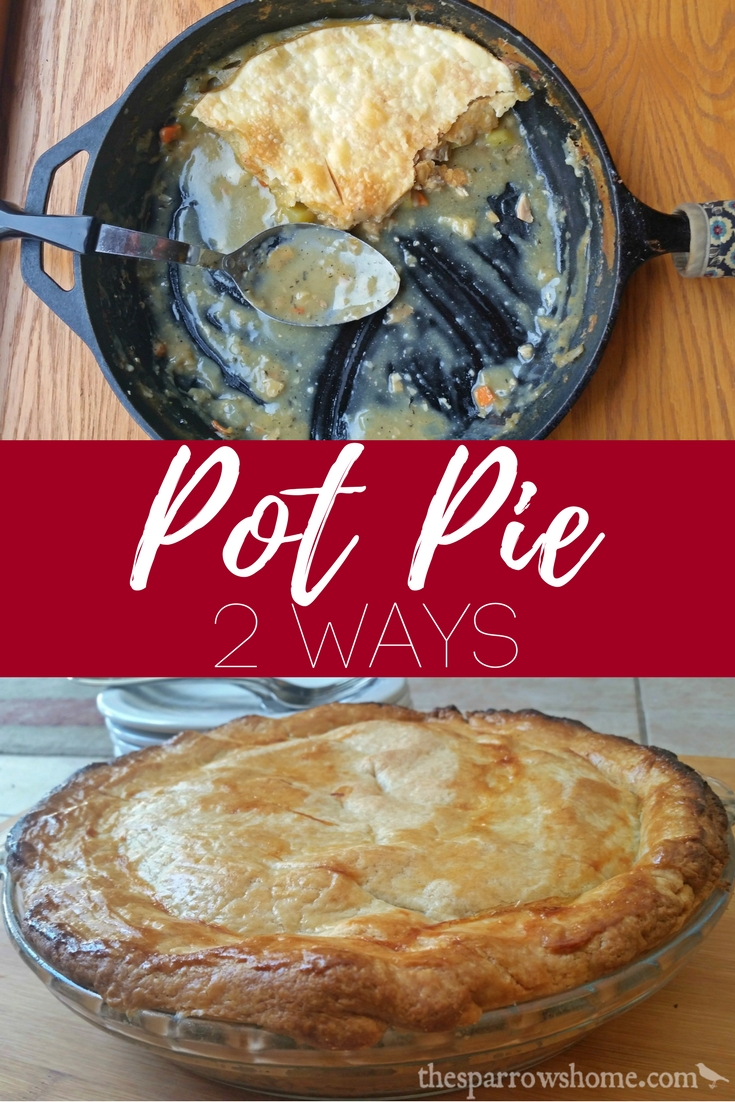 Chicken Pot Pie with one crust or two crusts, baked in an iron skillet or in a pie plate. Same easy recipe, same homey comfort food.