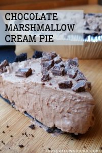 This light, fluffy chocolate cream pie is made with marshmallows and tastes like a sweet candy bar. Easy to make and no-bake!