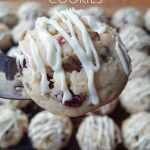 Jam-packed with salty pistachios, tart dried cranberries and sweet white chocolate, this cookie is the perfect bite.  It also looks beautiful on a cookie tray!