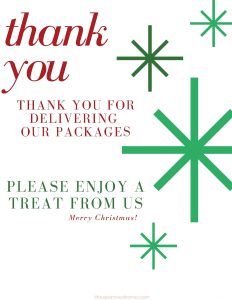 7 free printable signs for porch snack baskets for delivery drivers. Be a blessing this holiday season!