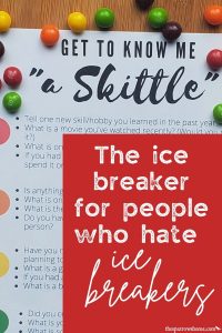 Low-pressure questions and candy ease tension and set the stage for people to have fun and get to know one another with this easy ice breaker. *Free Printable*